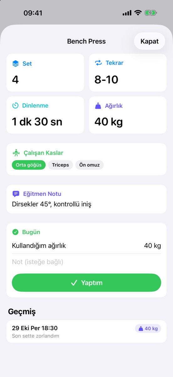 Üyenin hareket detayı ve Yaptım düğmesi